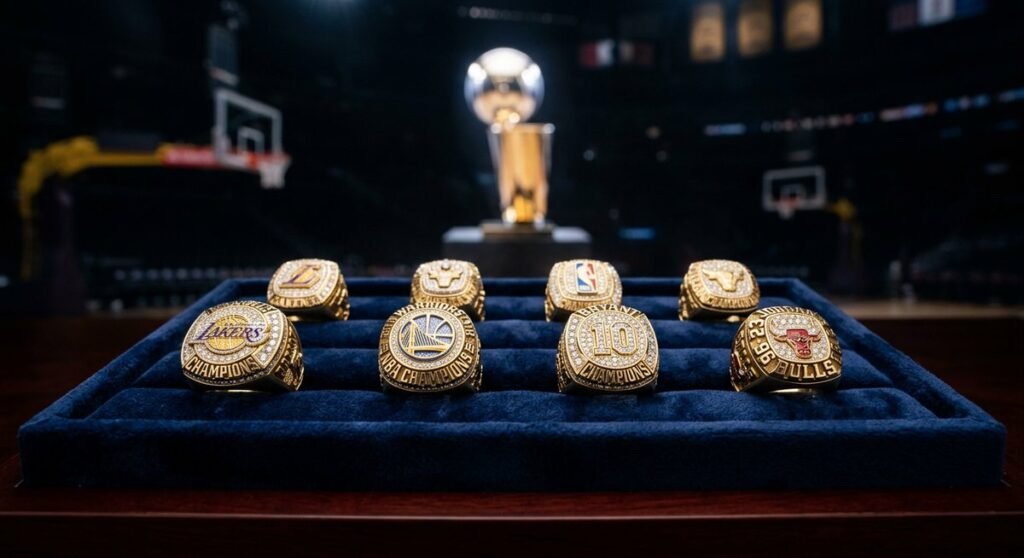 Klay Thompson net worth 2026 — NBA championship rings and wealth symbols representing 140 million dollar fortune